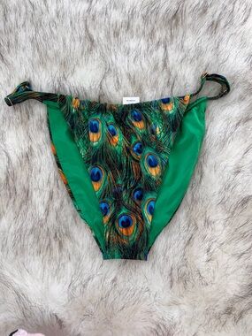 WeWoreWhat Palm Green Peacock Print Bikini Bottom Tie Side High Cut Size L NWT